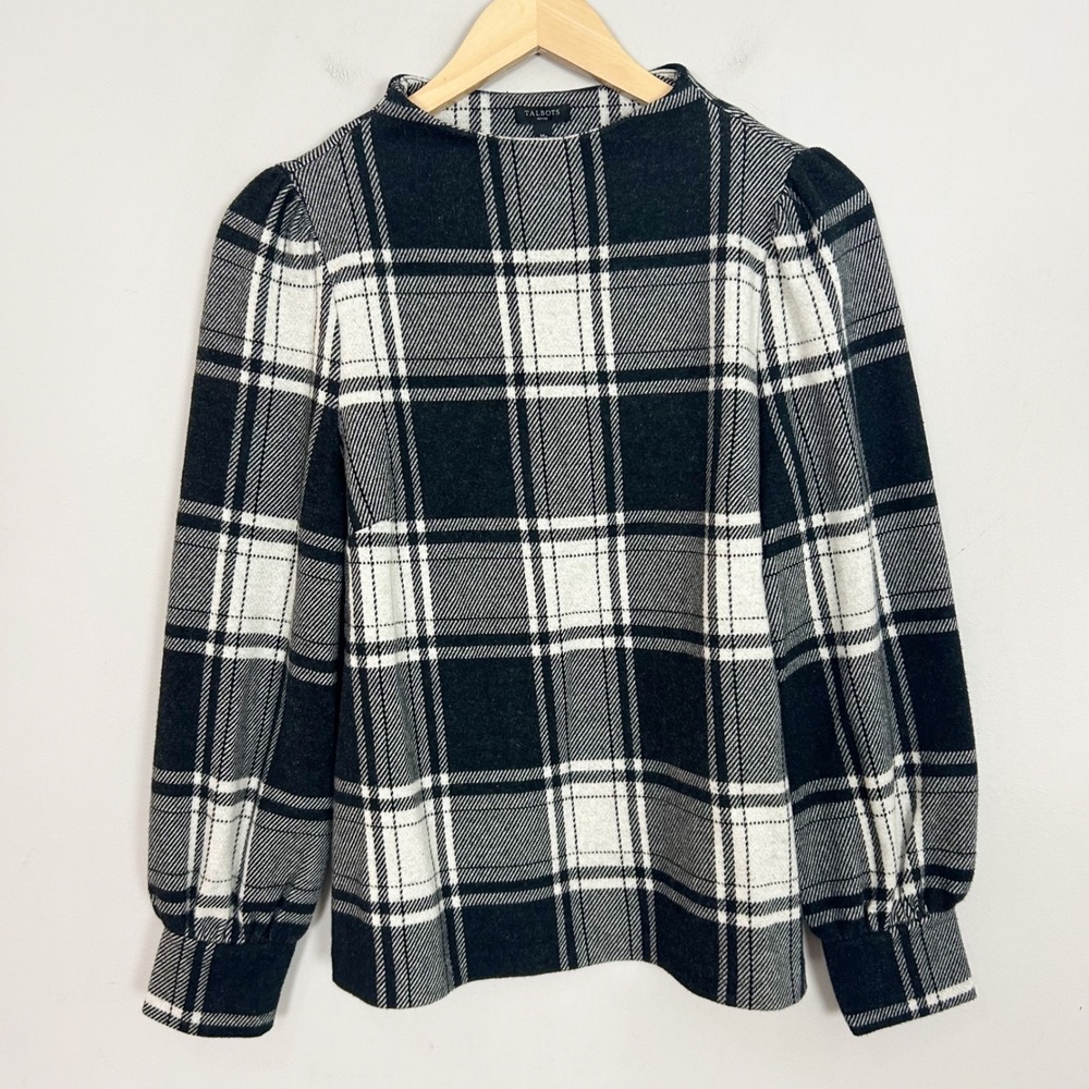Talbots Top Black White Plaid Flannel Puff Shoulder Size Petite Medium Women